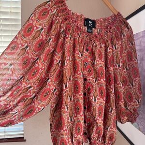 Red  and Orange Paisley smocked Women's Top